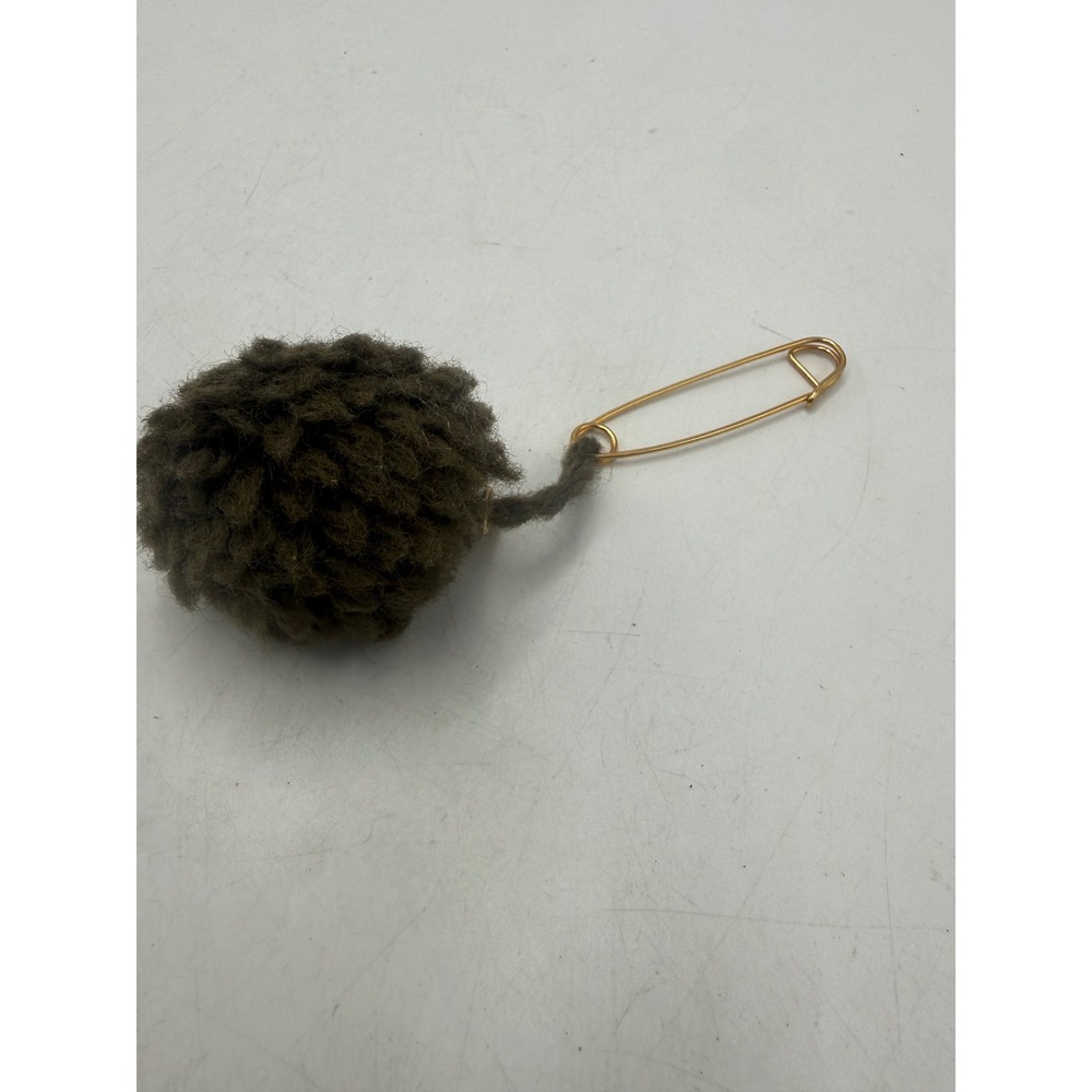 Vintage Gold Tone Safety Pin Pom Pom Charm Olive Green Yarn 3.25"